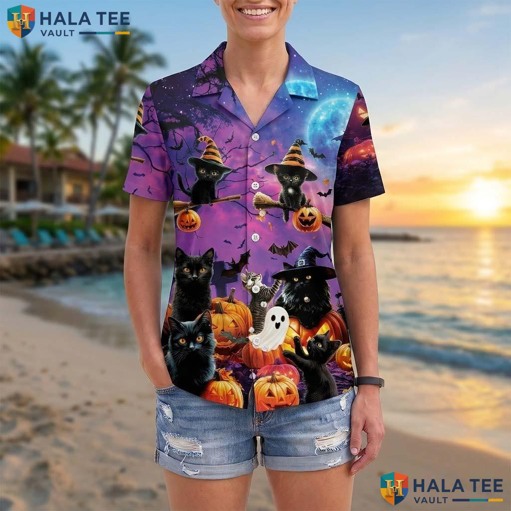 Witch Cat Halloween Hawaiian Shirt Spooky Pumpkin Beach Aloha Top Adult