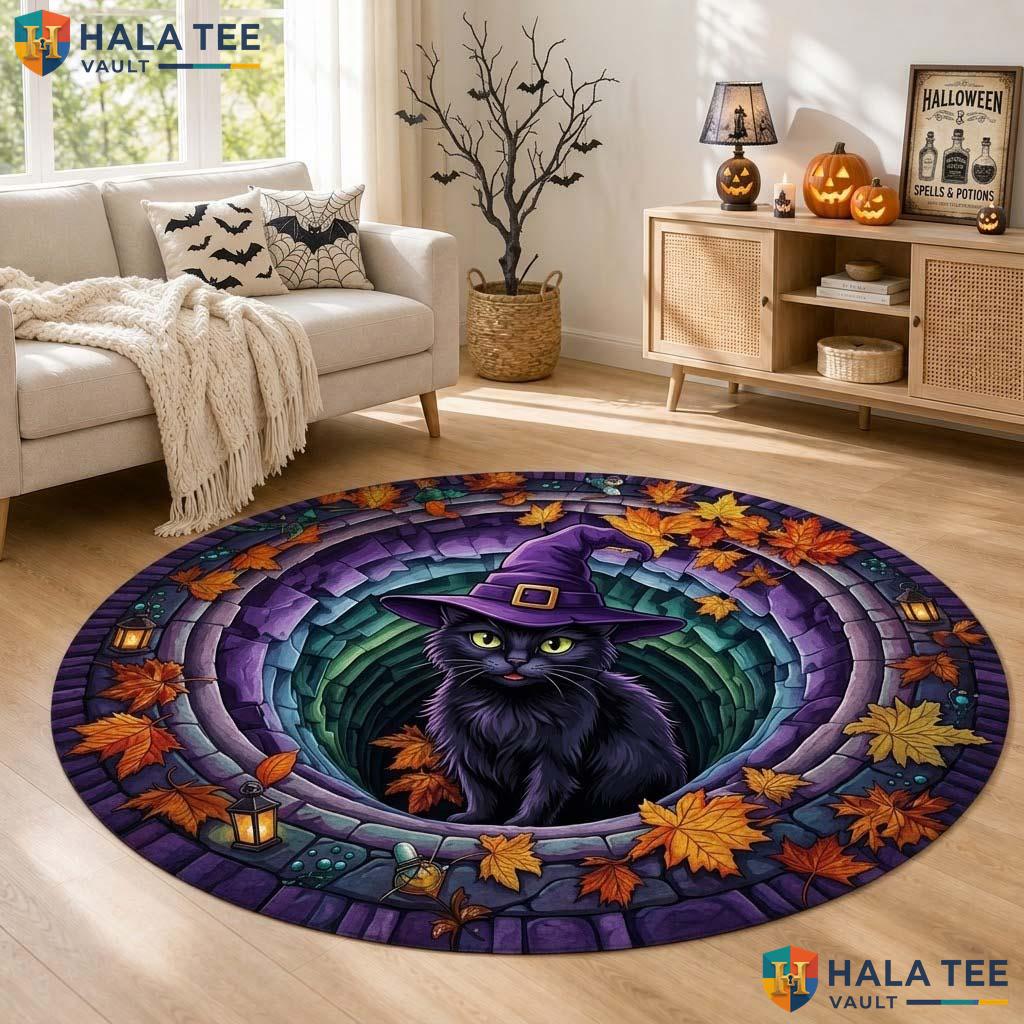 Witch Cat Halloween Round Area Rug 3D Vortex Illusion Autumn Leaves