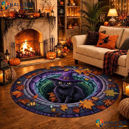 Witch Cat Halloween Round Area Rug 3D Vortex Illusion Autumn Leaves Adult