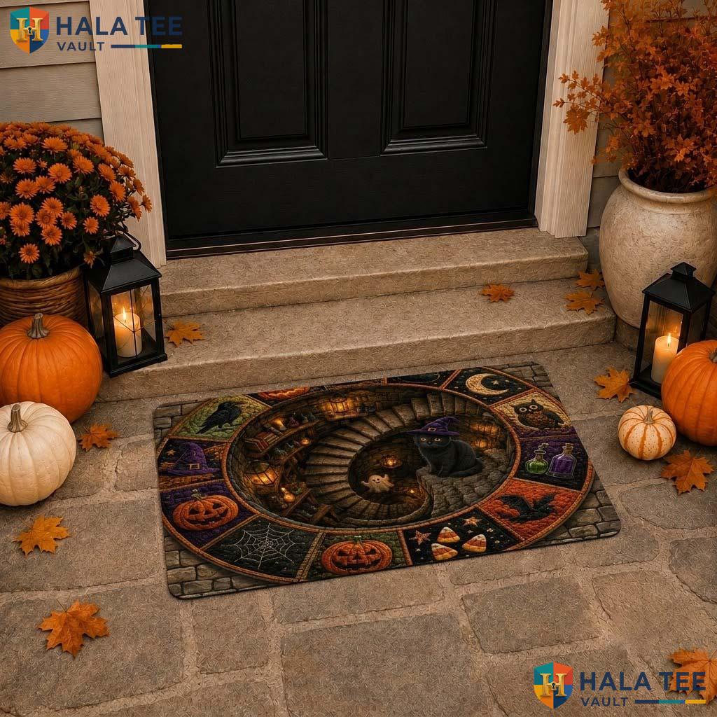 Witch Cat Vortex Halloween Doormat 3D Optical Illusion Pumpkin Decor