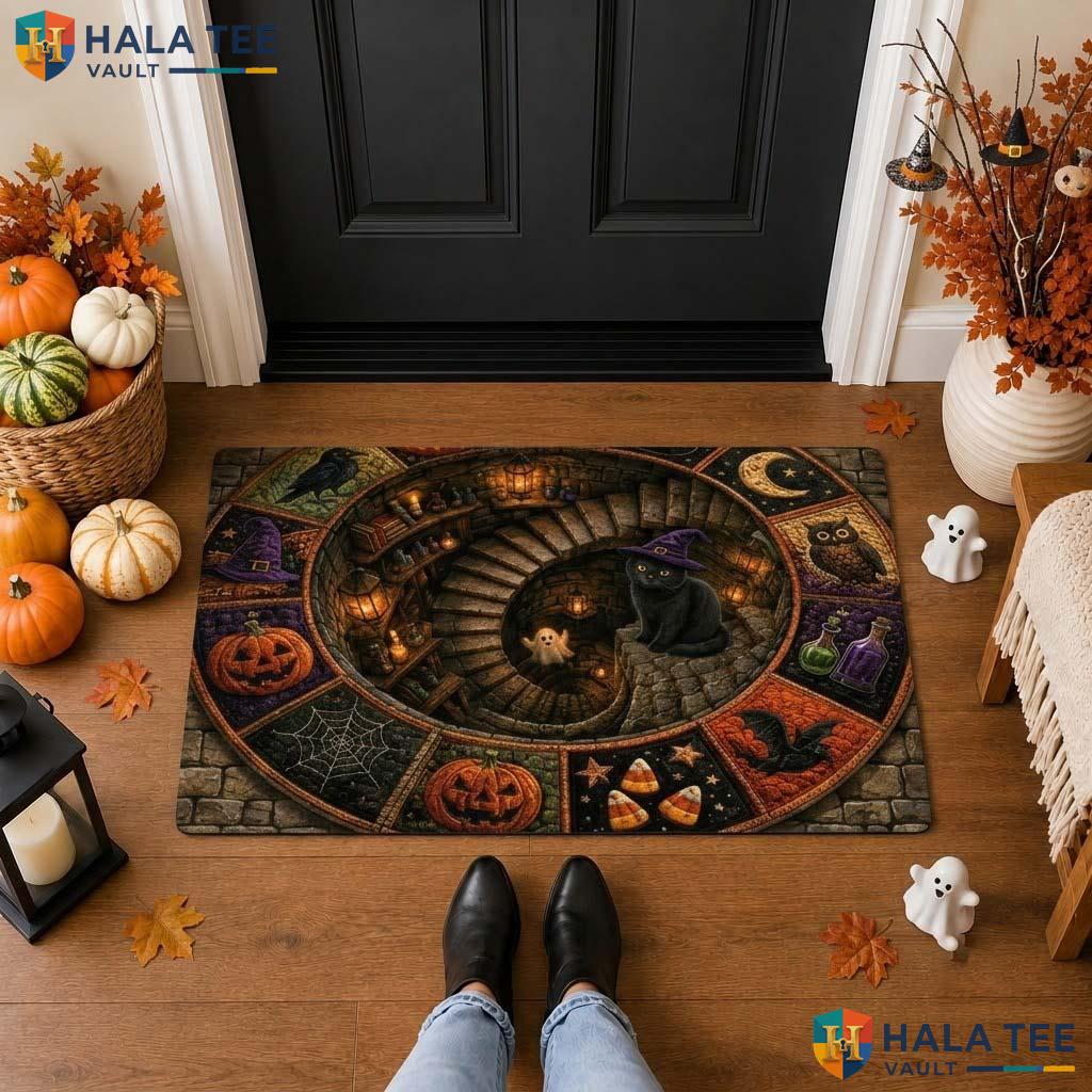 Witch Cat Vortex Halloween Front door mat 3D Optical Illusion Pumpkin Decor