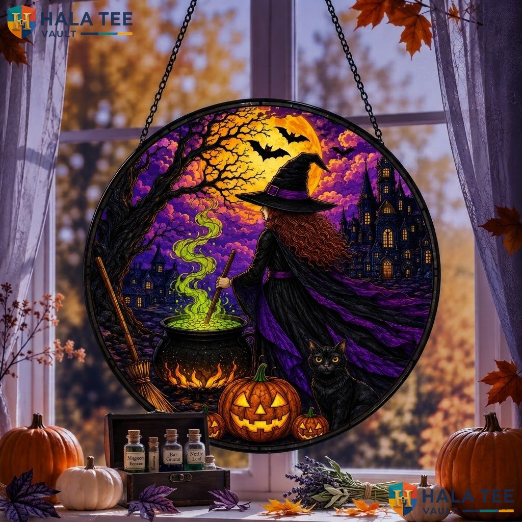 Witch Cauldron Cat Halloween Stained Glass Suncatcher Mystical Pumpkin Window