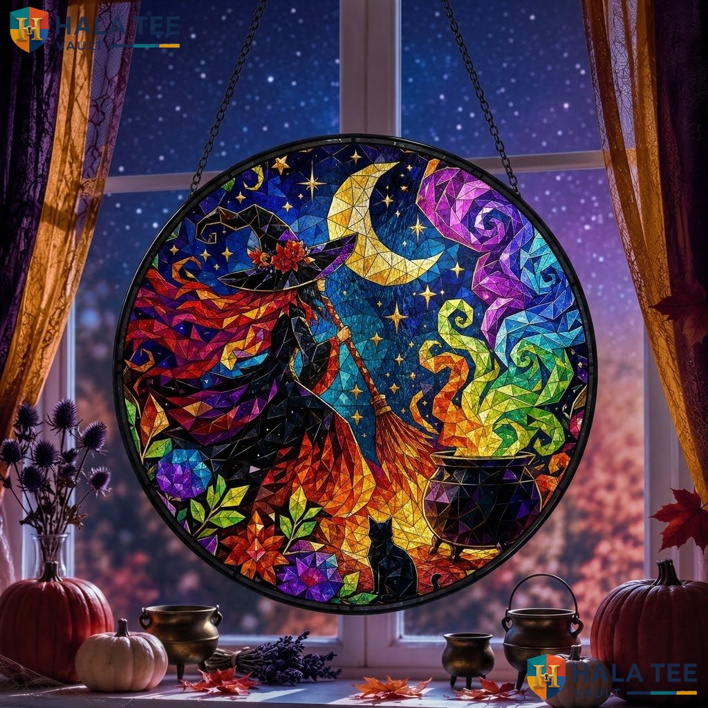 Witch Cauldron Halloween Stained Glass Suncatcher Colorful Spooky Diy Window