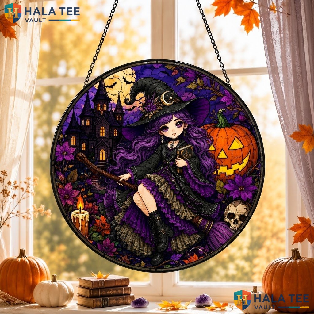Witch Character Halloween Stained Glass Suncatcher Mystical Pumpkin Moon Decor
