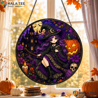 Witch Character Halloween Stained Glass Suncatcher Mystical Pumpkin Moon Decor