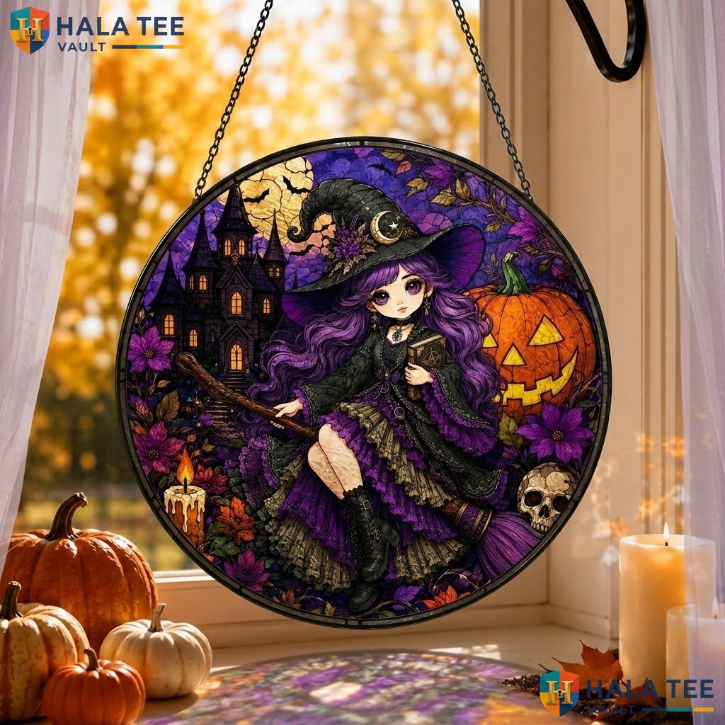 Witch Character Halloween Stained Glass Suncatcher Mystical Pumpkin Moon Decor Adult