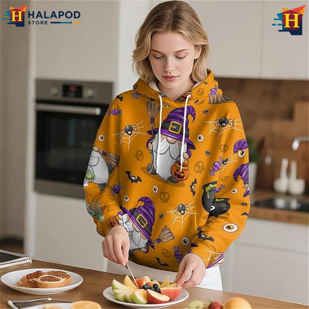 Witch Gnome Halloween Pullover All Over Print Hoodie Spooky Trick Or Treat Fall Holiday