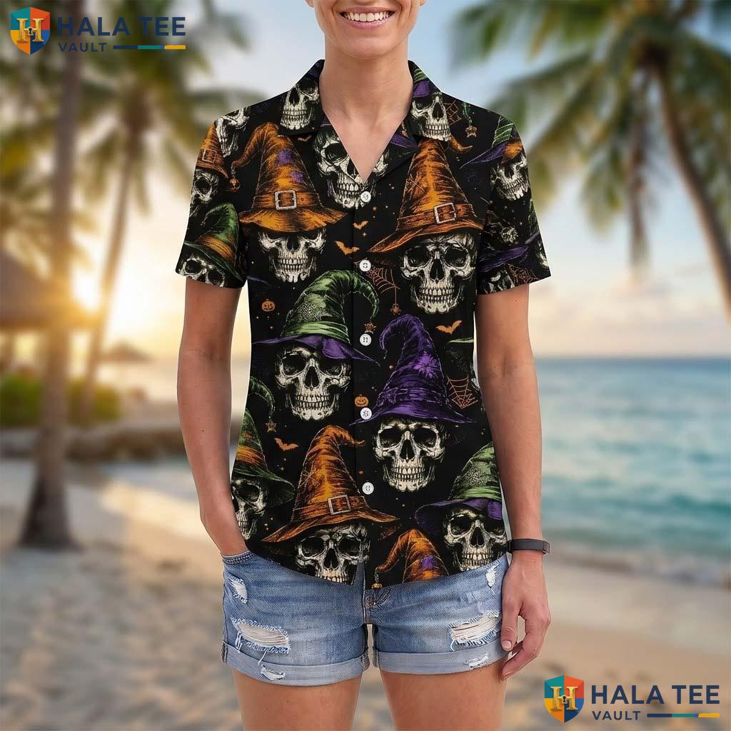 Witch Hat Skull Halloween Hawaiian Shirt Spooky Skeleton Aloha Top Adult