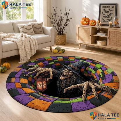 Witch Illusion Halloween Round Area Rug 3D Spooky Haunted House Mat