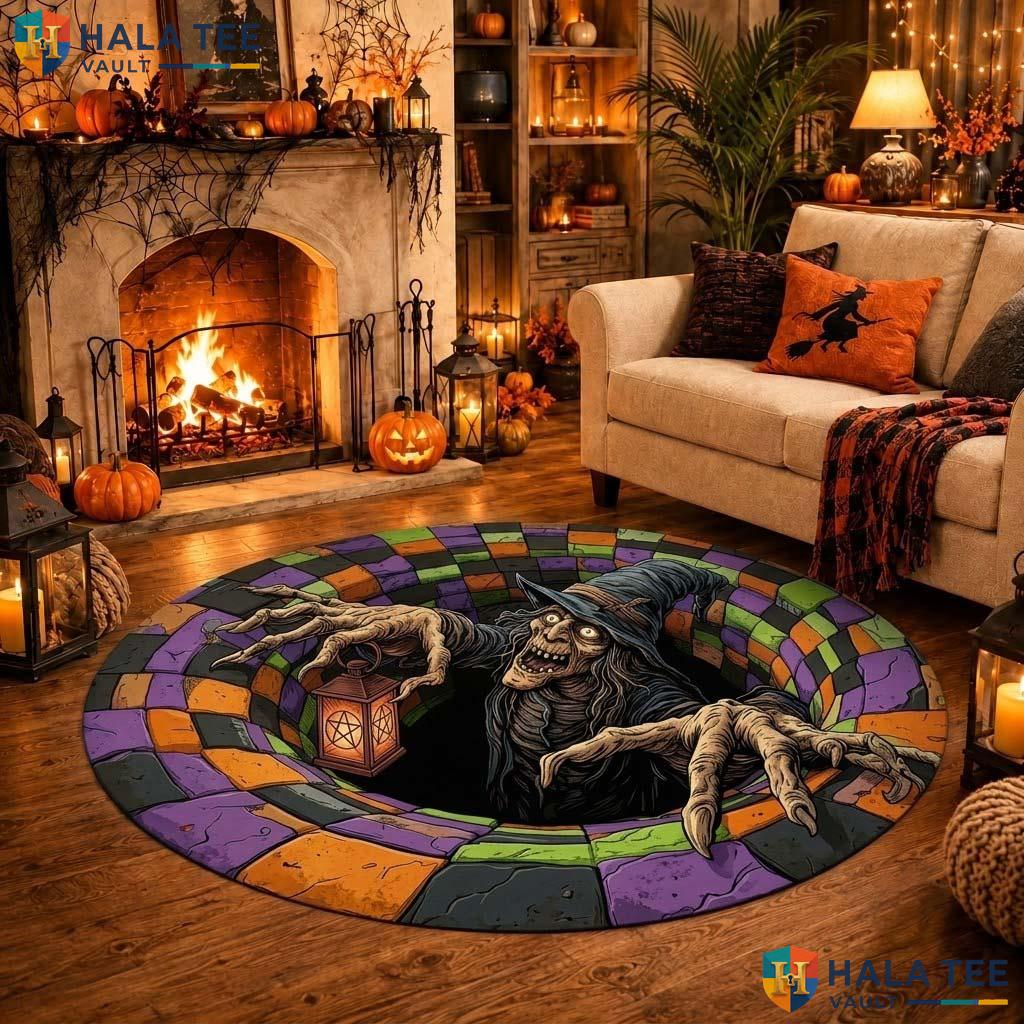Witch Illusion Halloween Round Area Rug 3D Spooky Haunted House Mat Adult