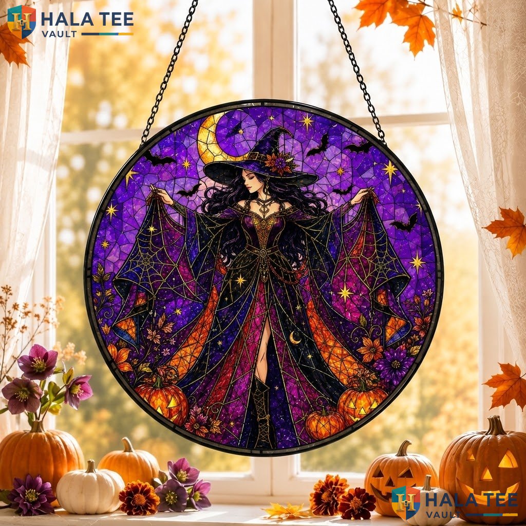 Witch Ornament Halloween Stained Glass Suncatcher Celestial Purple Pumpkin Art