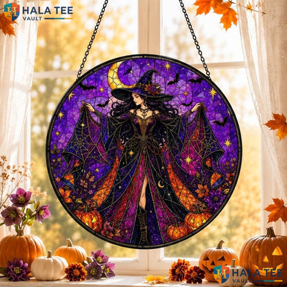 Witch Ornament Halloween Stained Glass Suncatcher Celestial Purple Pumpkin Art