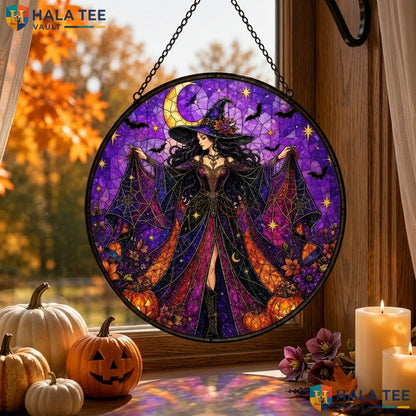 Witch Ornament Halloween Stained Glass Suncatcher Celestial Purple Pumpkin Art Adult