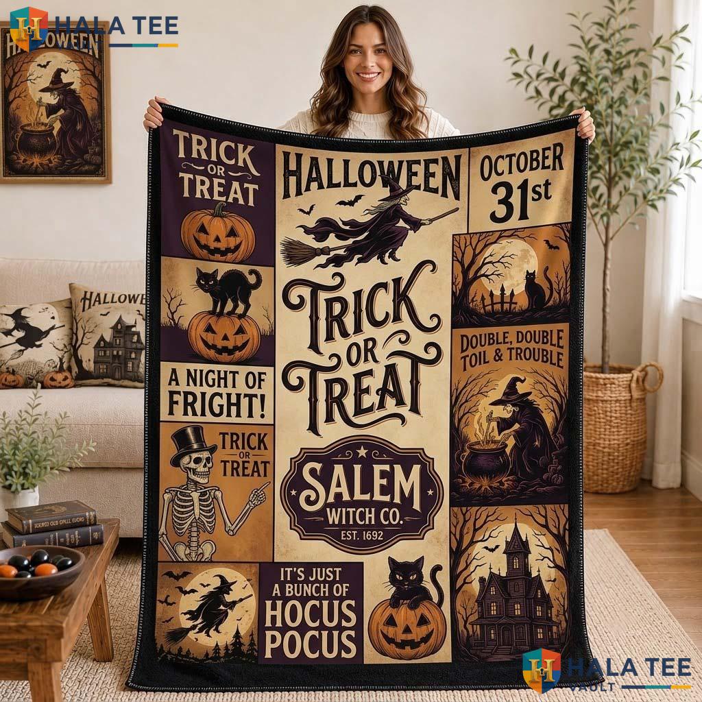 Witch Patchwork Halloween Blanket Vintage Spooky Pumpkin Throw Decor