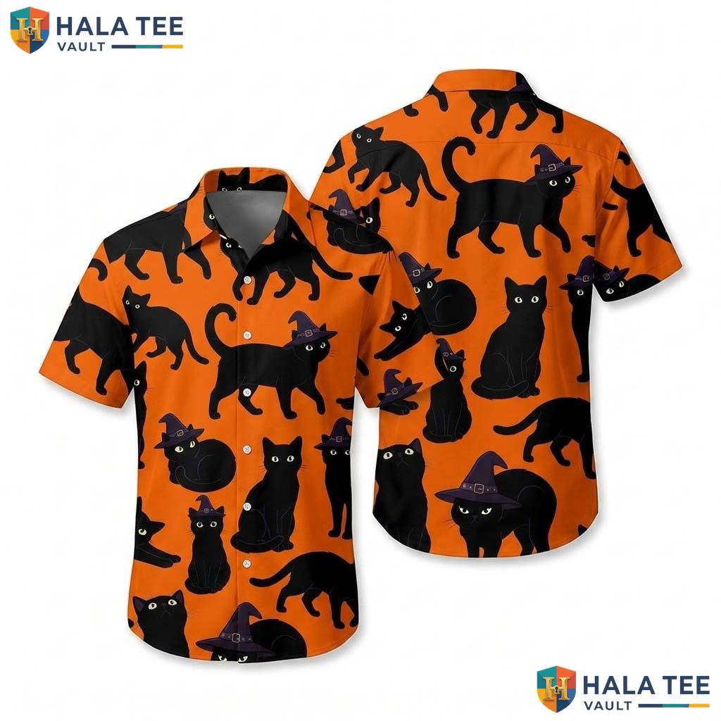 Witch Pumpkin Halloween Hawaiian Shirt Cute Black Cat Button Up Top