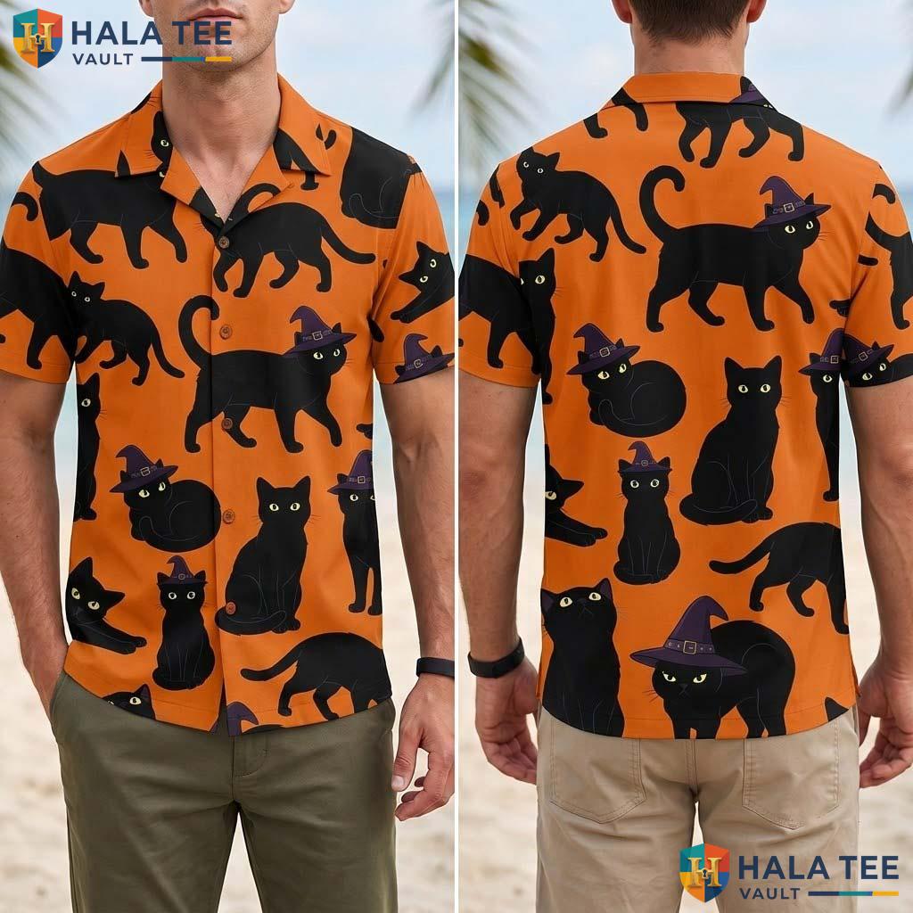 Witch Pumpkin Halloween Hawaiian Shirt Cute Black Cat Button Up Top Adult