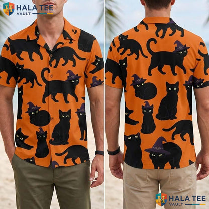 Witch Pumpkin Halloween Hawaiian Shirt Cute Black Cat Button Up Top Adult