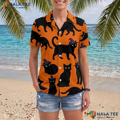 Witch Pumpkin Halloween Hawaiian Shirt Cute Black Cat Button Up Top Adult
