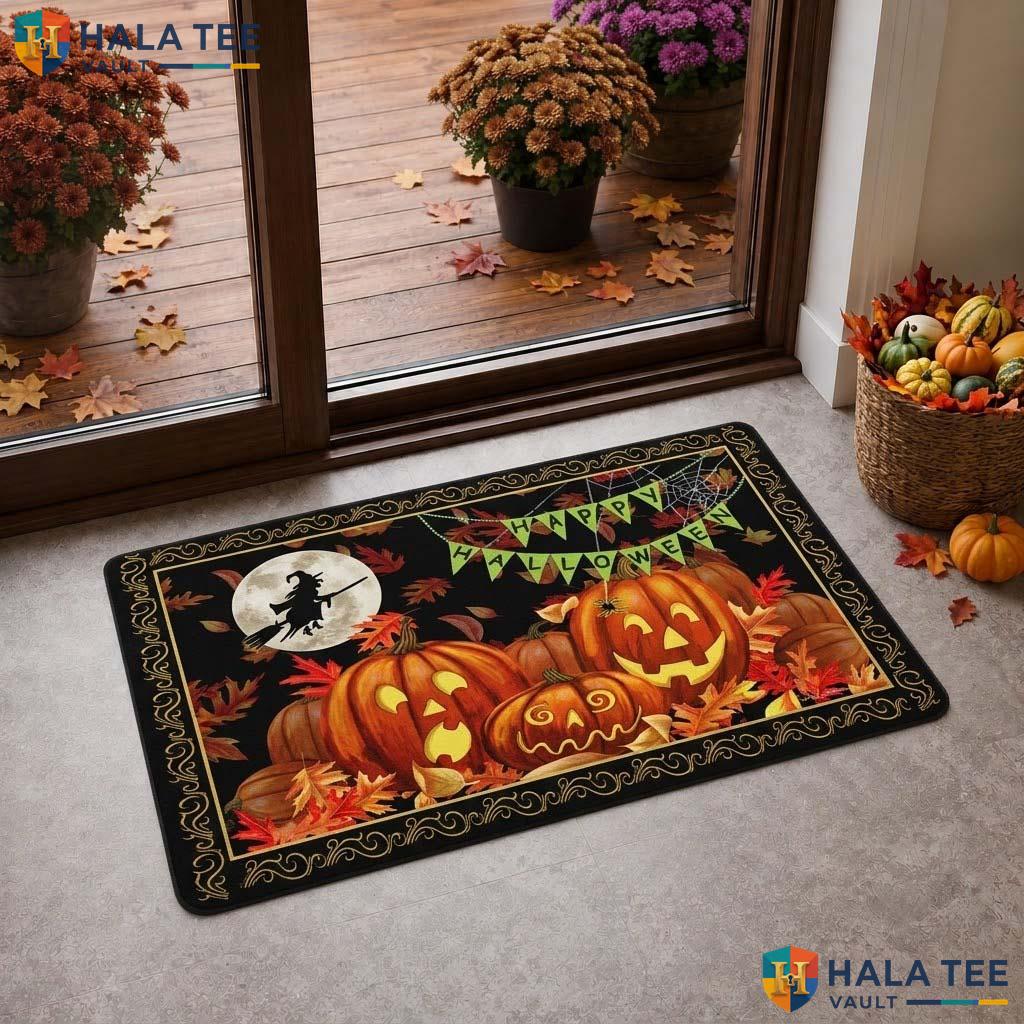 Witch Silhouette Fall Doormat Vintage Pumpkin Leaf Decorative Welcome Rug