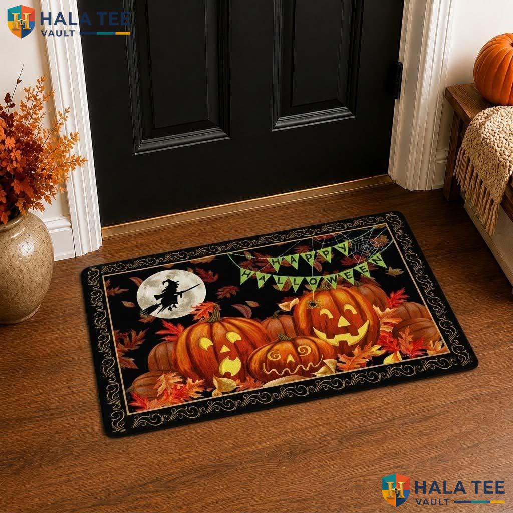 Witch Silhouette Fall Front door mat Vintage Pumpkin Leaf Decorative Welcome Rug