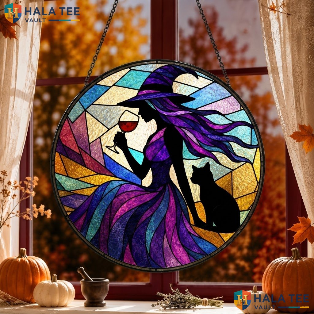 Witch Silhouette Halloween Stained Glass Suncatcher Gothic Cat Home Decor Art