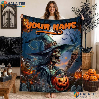 Witch Skeleton Halloween Blanket Custom Name Vintage Kids Teen Throw