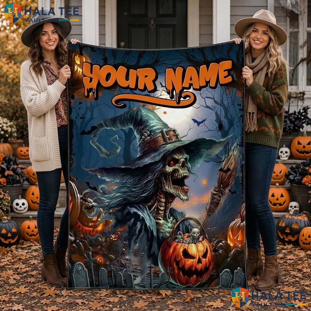 Witch Skeleton Halloween Blanket Custom Name Vintage Kids Teen Throw