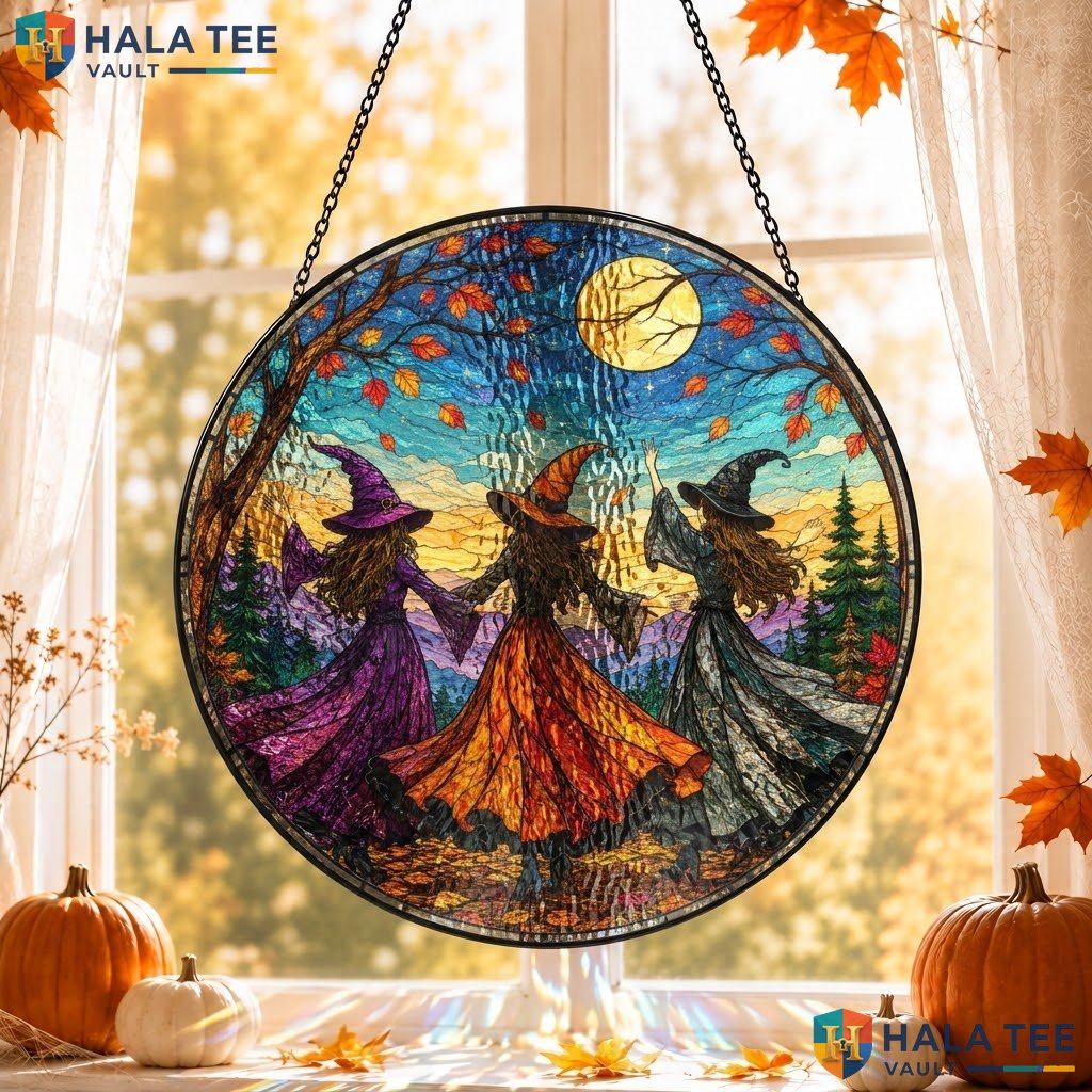 Witch Trio Halloween Stained Glass Suncatcher Vibrant Autumn Dress Ornament