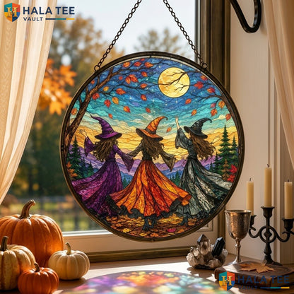 Witch Trio Halloween Stained Glass Suncatcher Vibrant Autumn Dress Ornament Adult