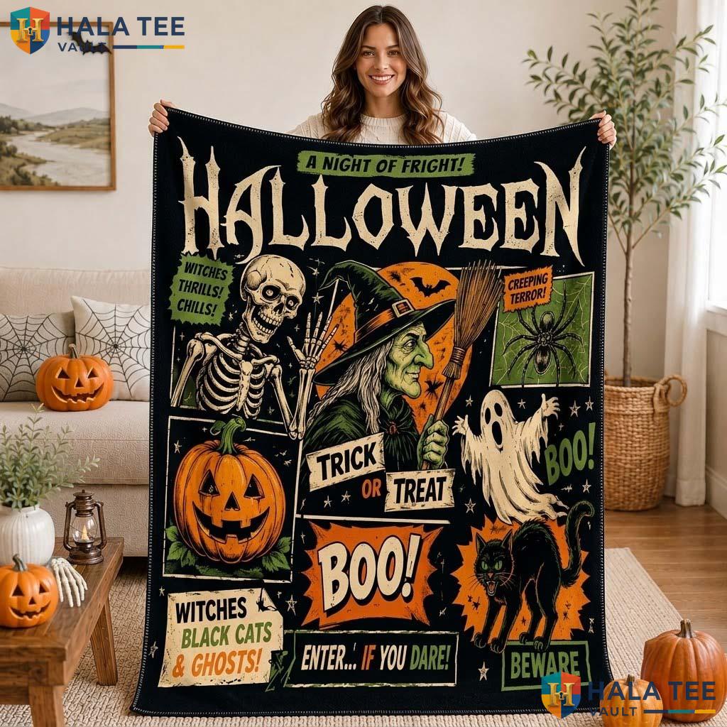 Witches Black Cat Halloween Blanket Funny Spooky Skeleton Ghost Throw