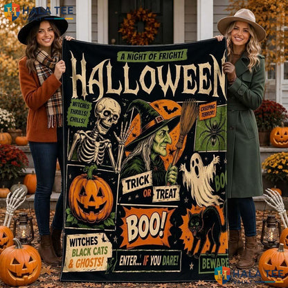 Witches Black Cat Halloween Blanket Funny Spooky Skeleton Ghost Throw