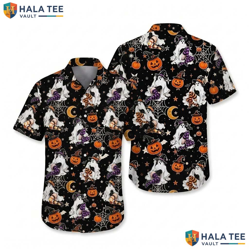 Witchy Spider Web Halloween Hawaiian Shirt Spooky Ghost Pumpkin Top