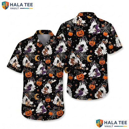 Witchy Spider Web Halloween Hawaiian Shirt Spooky Ghost Pumpkin Top