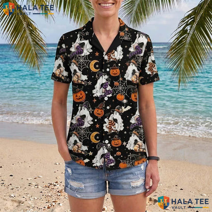 Witchy Spider Web Halloween Hawaiian Shirt Spooky Ghost Pumpkin Top Adult