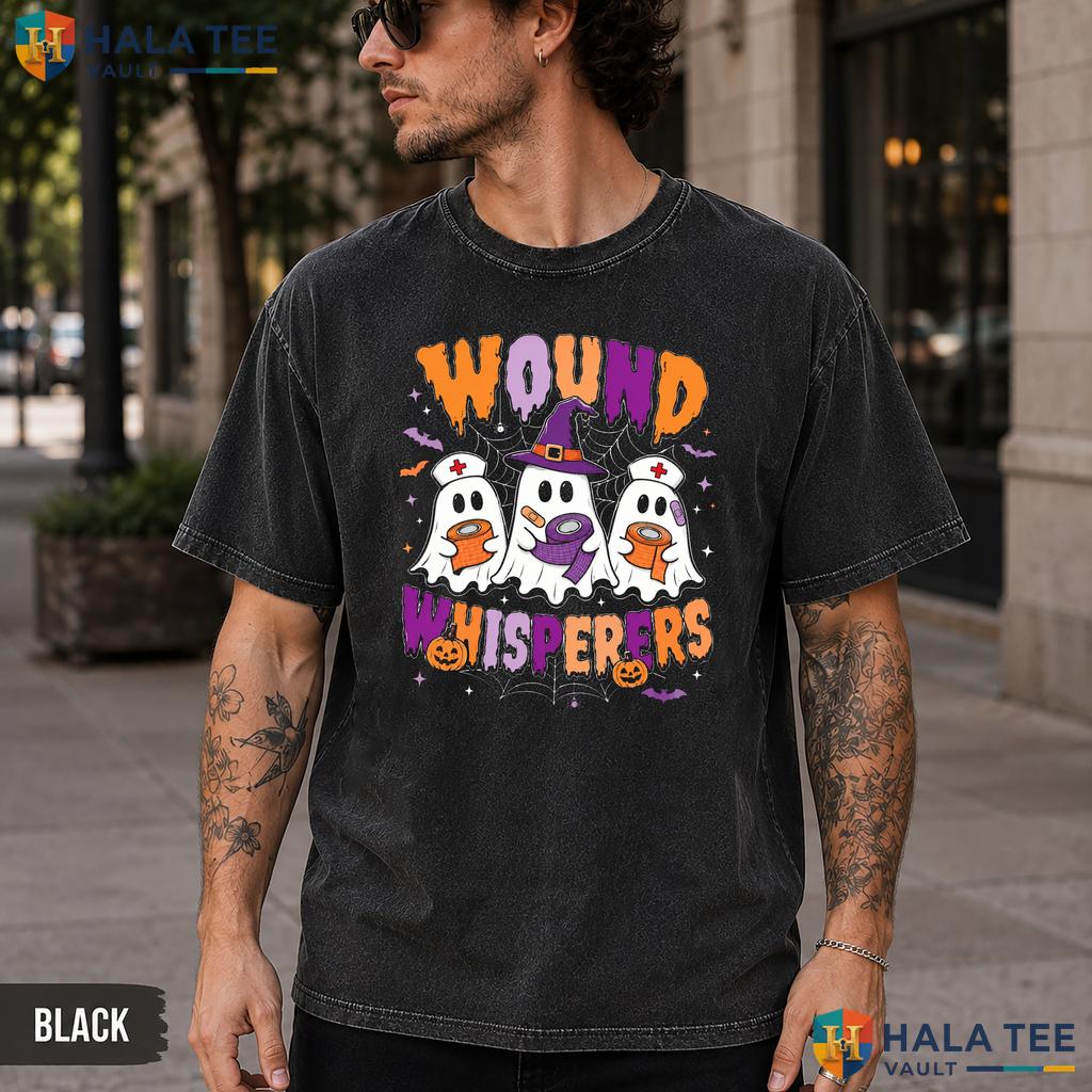Wound Whisperers Washed T-Shirt Whimsical Ghost Nurse Halloween Apparel