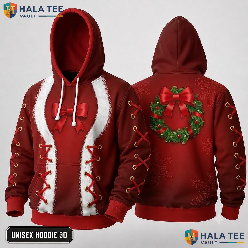 Wreath Faux Fur Trim Bow Christmas 3D Hoodie Humorous Red Festive