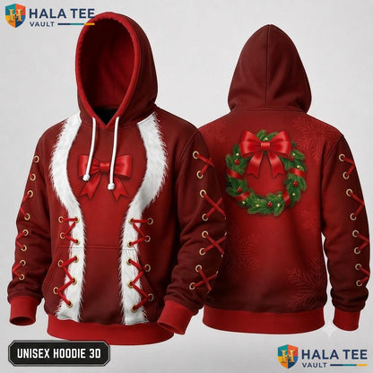 Wreath Faux Fur Trim Bow Christmas 3D Hoodie Humorous Red Festive