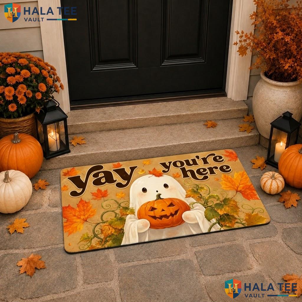 Yay Youre Here Ghost Halloween Doormat Fall Pumpkin Welcome Front Porch Rug