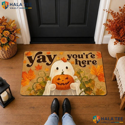 Yay Youre Here Ghost Halloween Front door mat Fall Pumpkin Welcome Front Porch Rug
