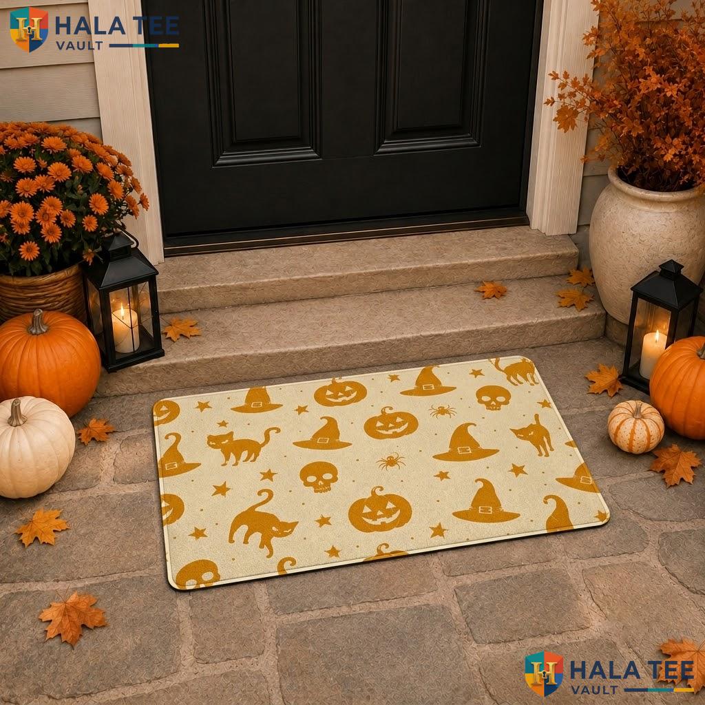 Yellow Black Cat Halloween Doormat Pumpkin Spooky Welcome Entryway Porch Rug
