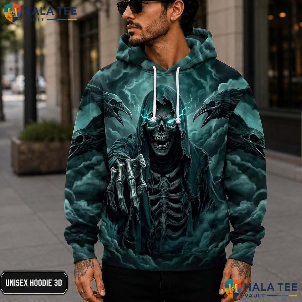 Yellow Eye Grim Reaper 3D Printed Hoodie Retro Eerie Graphic Casual Streetwear