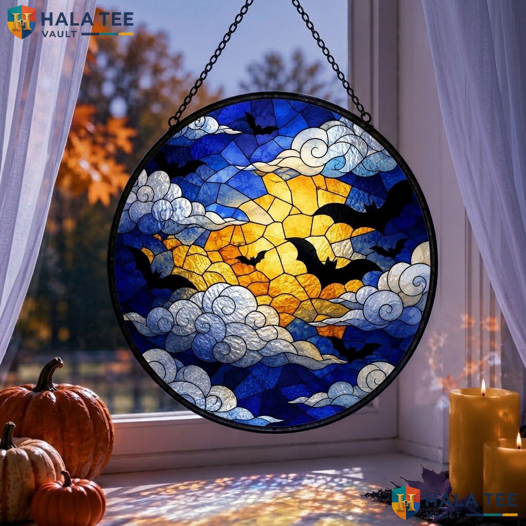 Yellow Moon Gothic Halloween Stained Glass Suncatcher Spooky Hanging Decor