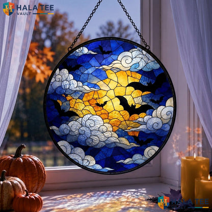 Yellow Moon Gothic Halloween Stained Glass Suncatcher Spooky Hanging Decor