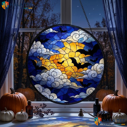 Yellow Moon Gothic Halloween Stained Glass Suncatcher Spooky Hanging Decor Adult