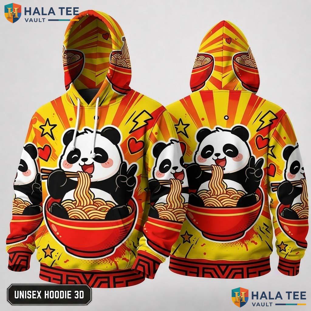 Yellow Panda Noodles Thanksgiving 3D Hoodie Playful Cartoon Peace Sign