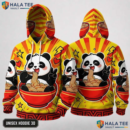 Yellow Panda Noodles Thanksgiving 3D Hoodie Playful Cartoon Peace Sign