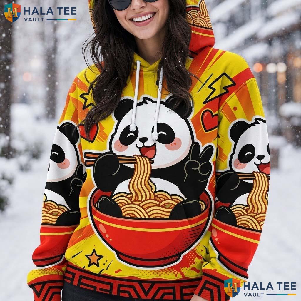 Yellow Panda Noodles Thanksgiving 3D Printed Hoodie Playful Cartoon Peace Sign