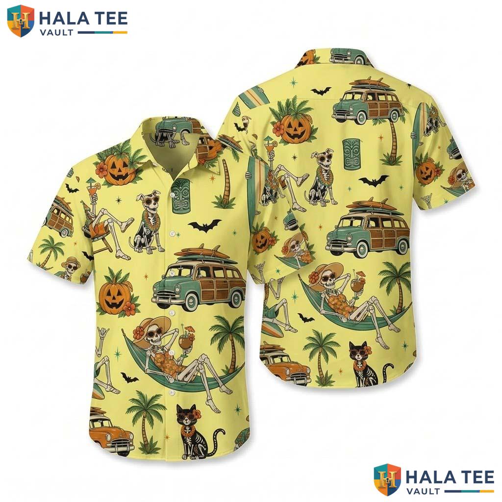 Yellow Summerween Halloween Hawaiian Shirt Tropical Skeleton Aloha