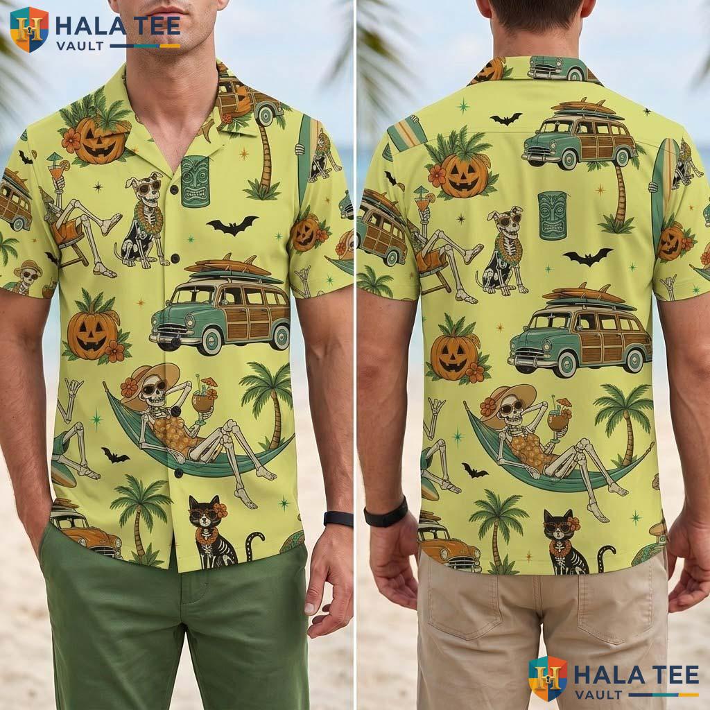 Yellow Summerween Halloween Hawaiian Shirt Tropical Skeleton Aloha Adult
