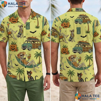 Yellow Summerween Halloween Hawaiian Shirt Tropical Skeleton Aloha Adult